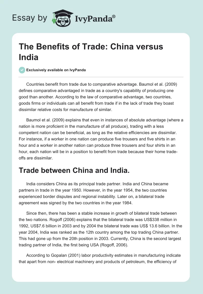 The Benefits of Trade: China Versus India. Page 1