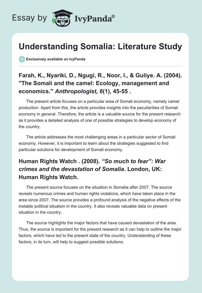Understanding Somalia: Literature Study. Page 1