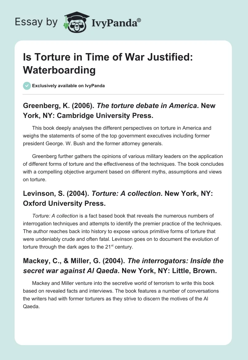 Is Torture in Time of War Justified: Waterboarding. Page 1
