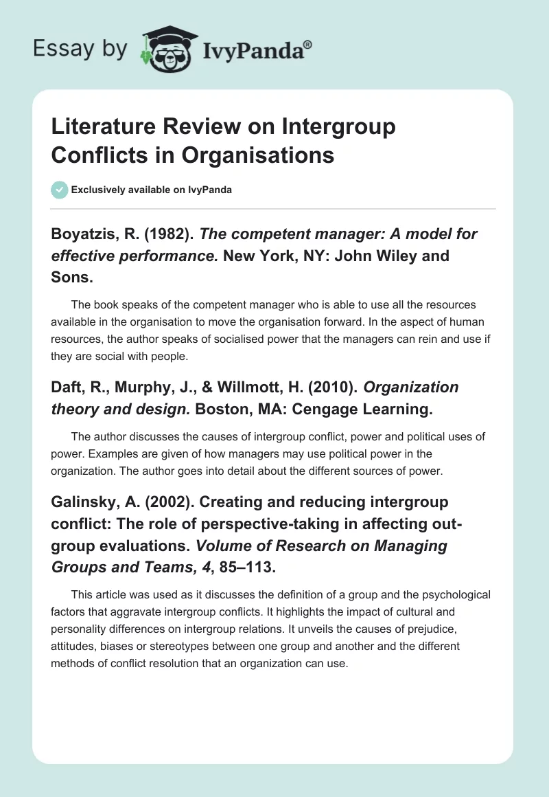 Literature Review on Intergroup Conflicts in Organisations. Page 1