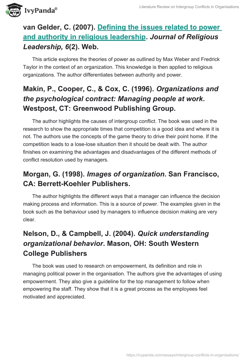 Literature Review on Intergroup Conflicts in Organisations. Page 2