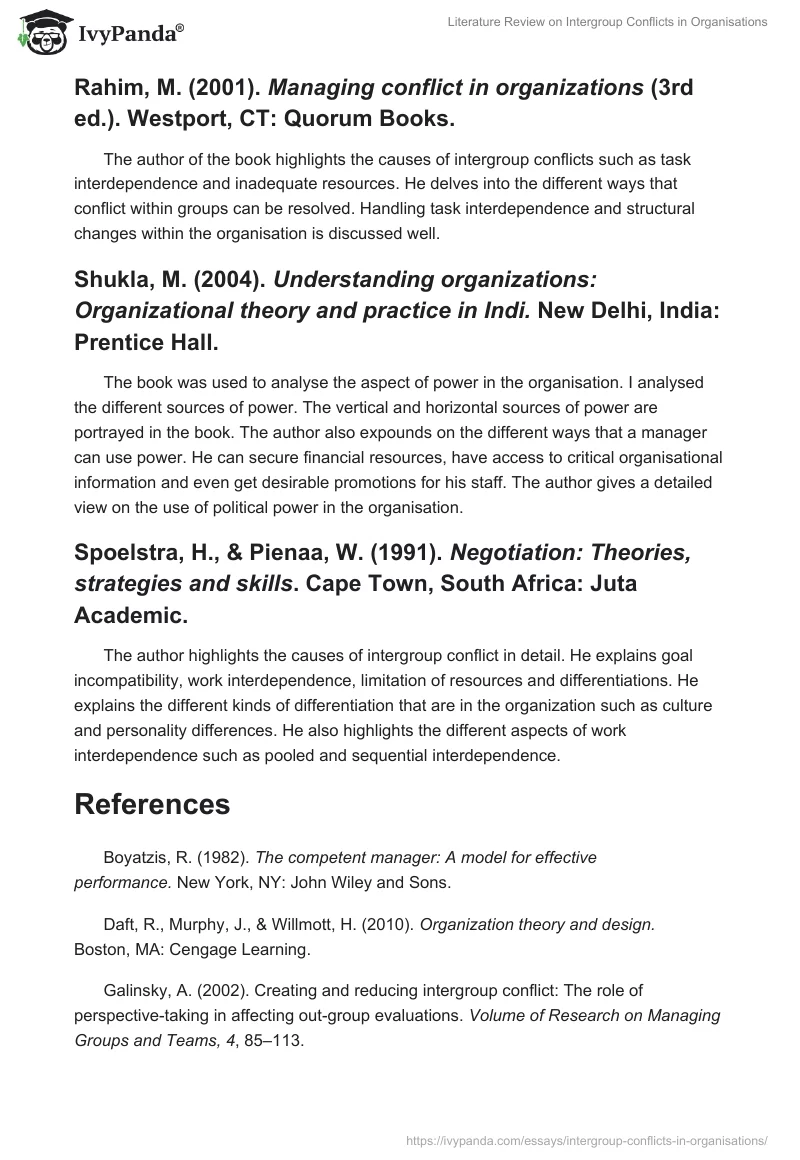 Literature Review on Intergroup Conflicts in Organisations. Page 3