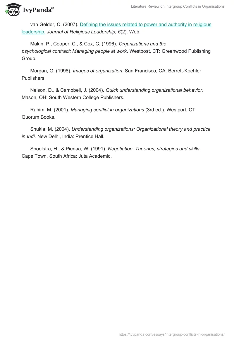 Literature Review on Intergroup Conflicts in Organisations. Page 4