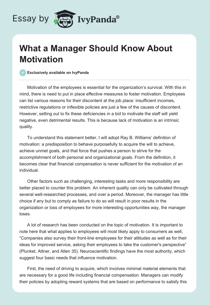 What a Manager Should Know About Motivation. Page 1