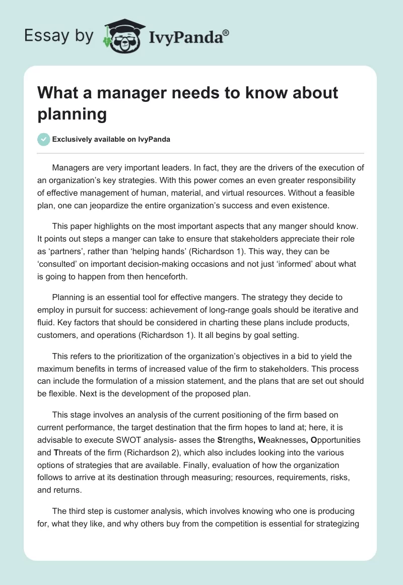 What a manager needs to know about planning. Page 1
