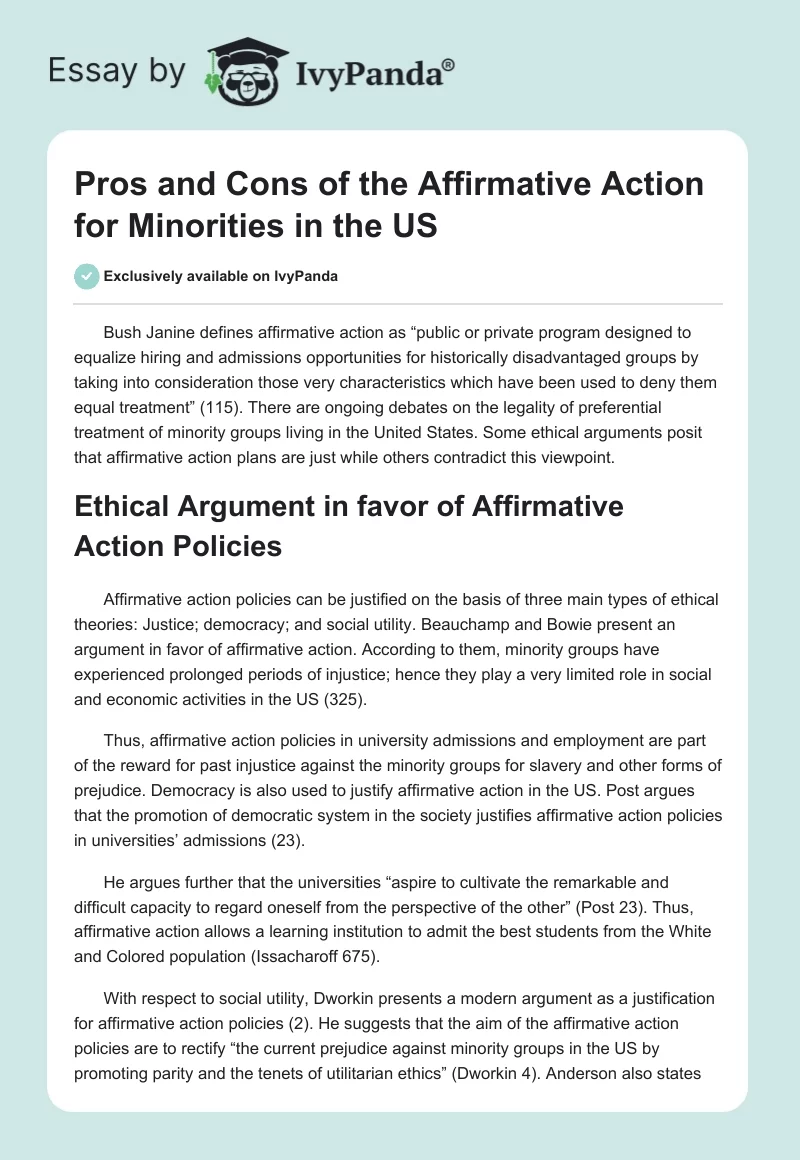 Pros and Cons of the Affirmative Action for Minorities in the US. Page 1