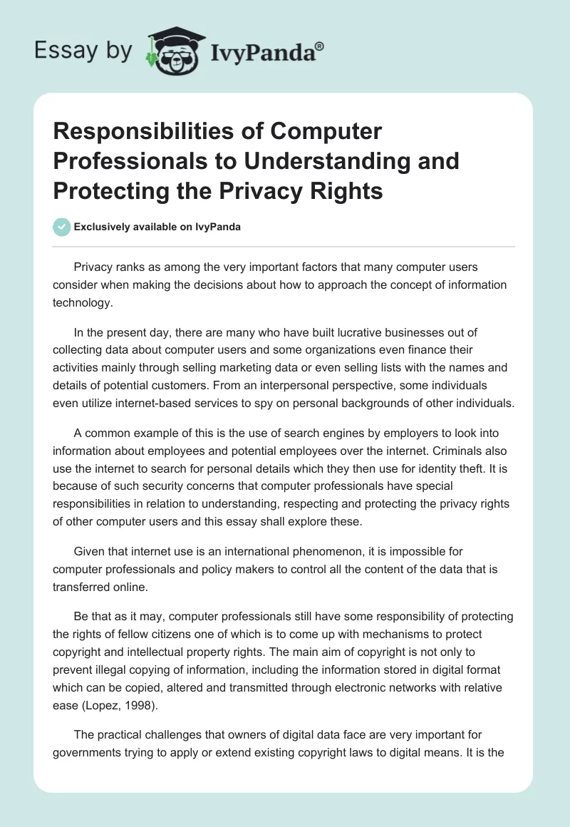 Responsibilities of Computer Professionals to Understanding and Protecting the Privacy Rights. Page 1