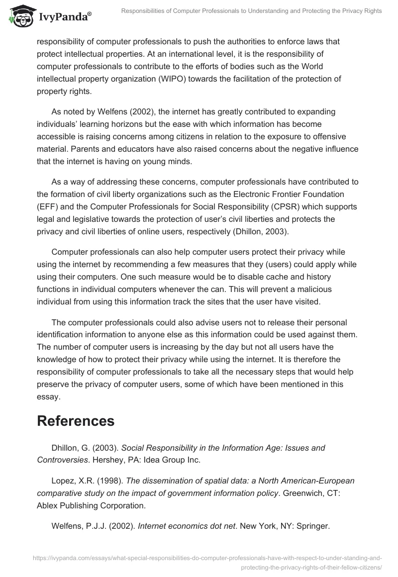 Responsibilities of Computer Professionals to Understanding and Protecting the Privacy Rights. Page 2