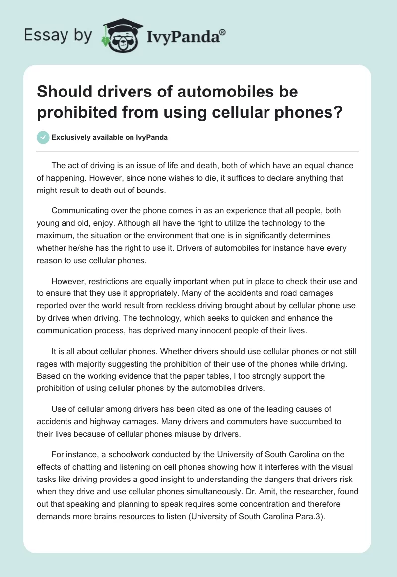 Should Drivers of Automobiles Be Prohibited From Using Cellular Phones?. Page 1