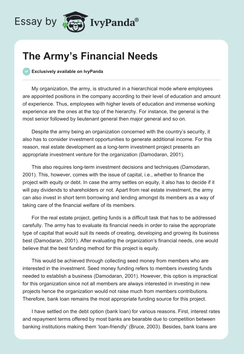 The Army’s Financial Needs. Page 1