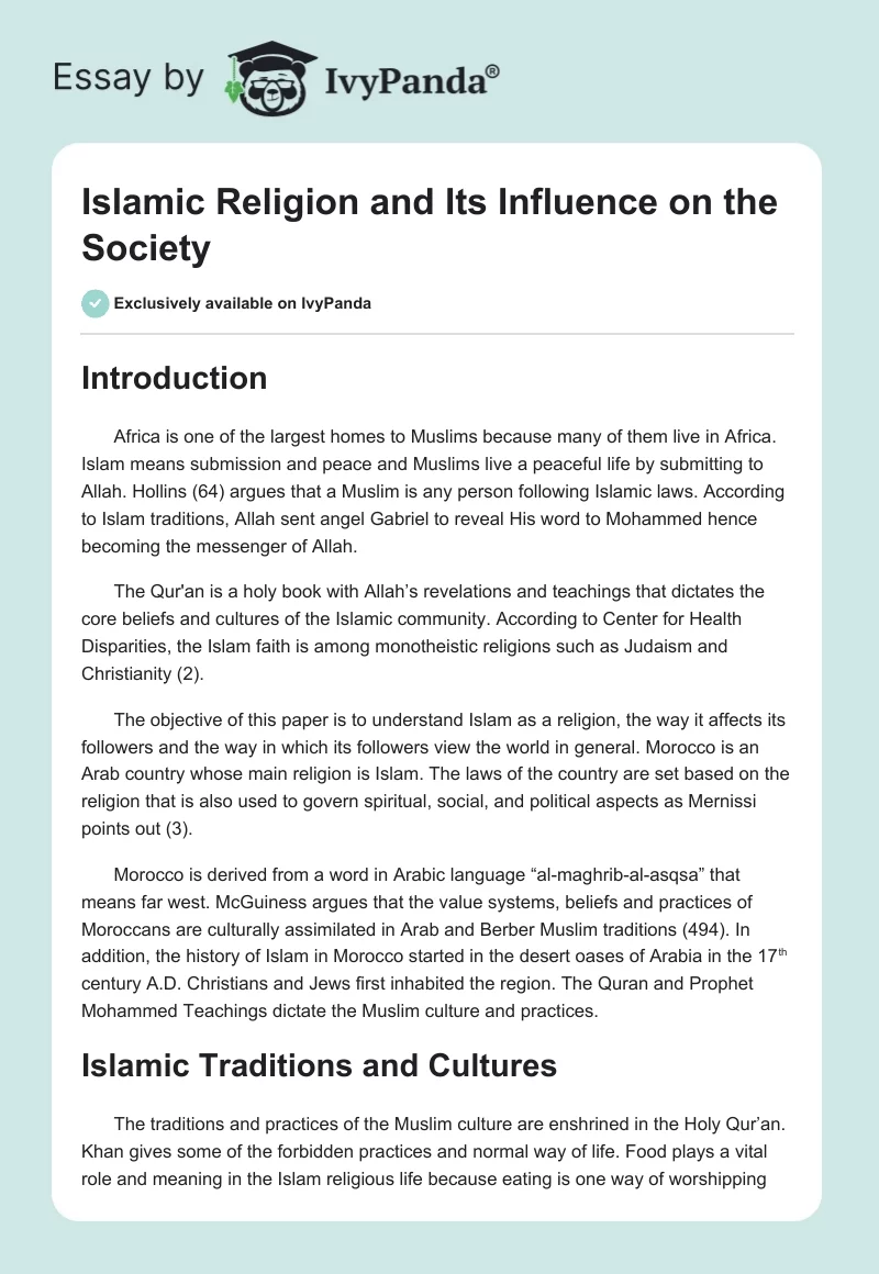 Islamic Religion and Its Influence on the Society. Page 1