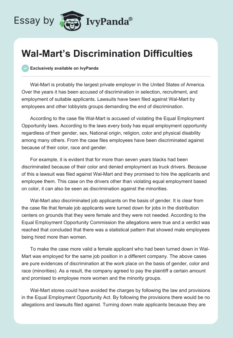 Wal-Mart’s Discrimination Difficulties. Page 1