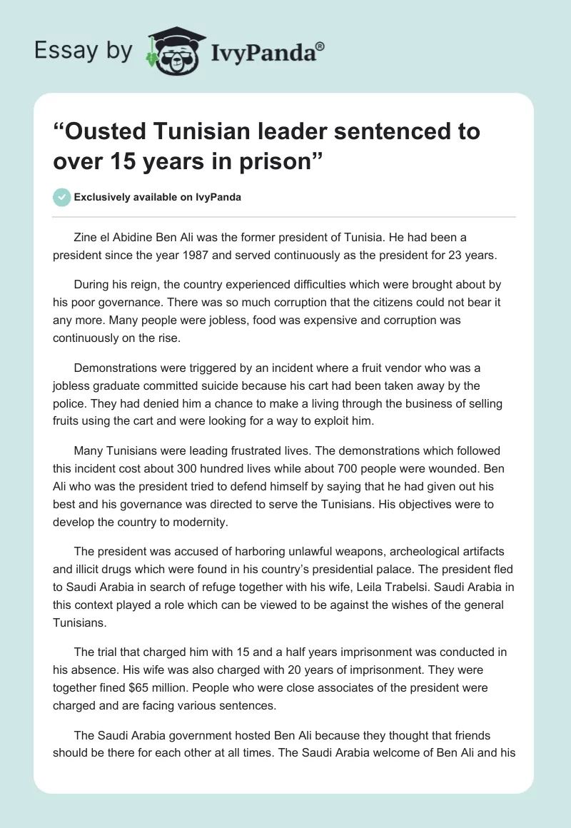 “Ousted Tunisian Leader Sentenced to Over 15 Years in Prison”. Page 1