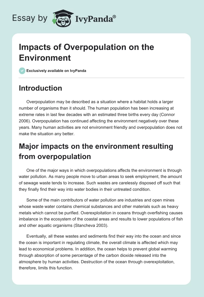 Impacts of Overpopulation on the Environment. Page 1