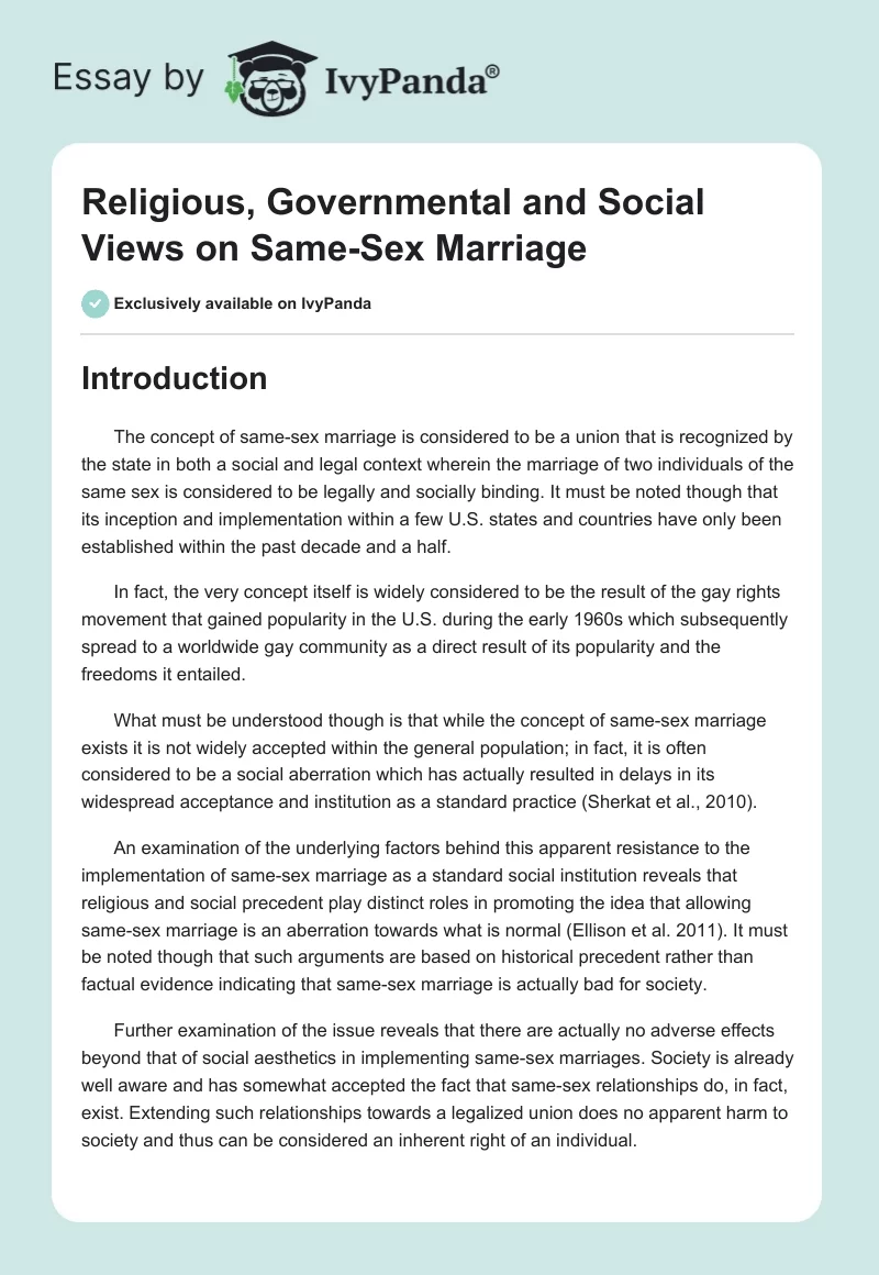 Religious, Governmental and Social Views on Same-Sex Marriage. Page 1