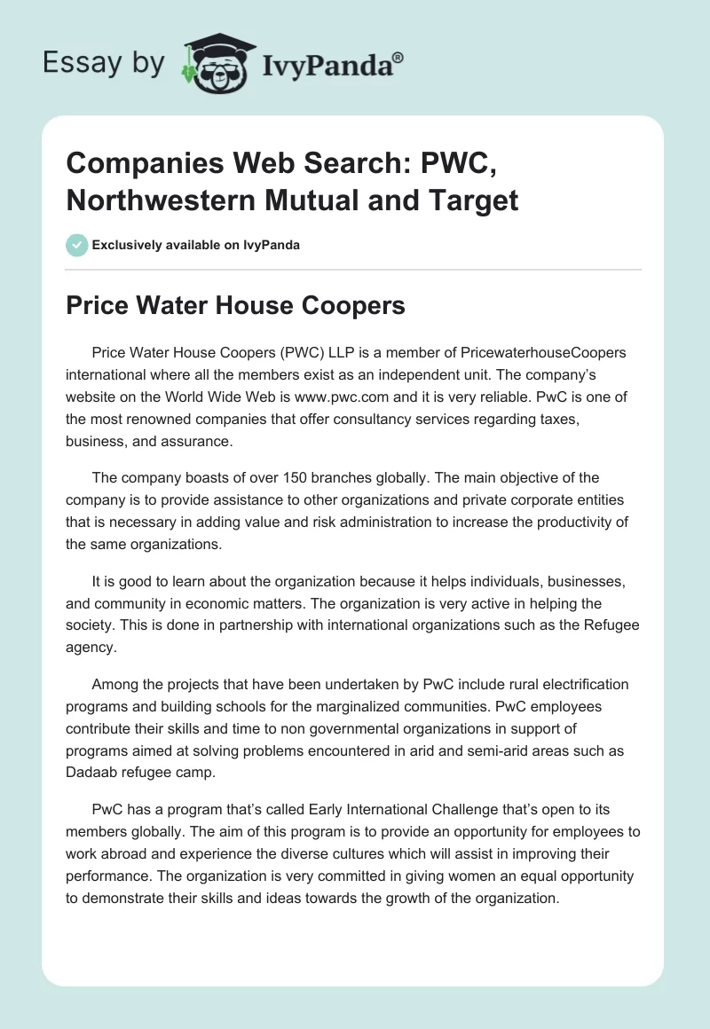Companies Web Search: PWC, Northwestern Mutual and Target. Page 1