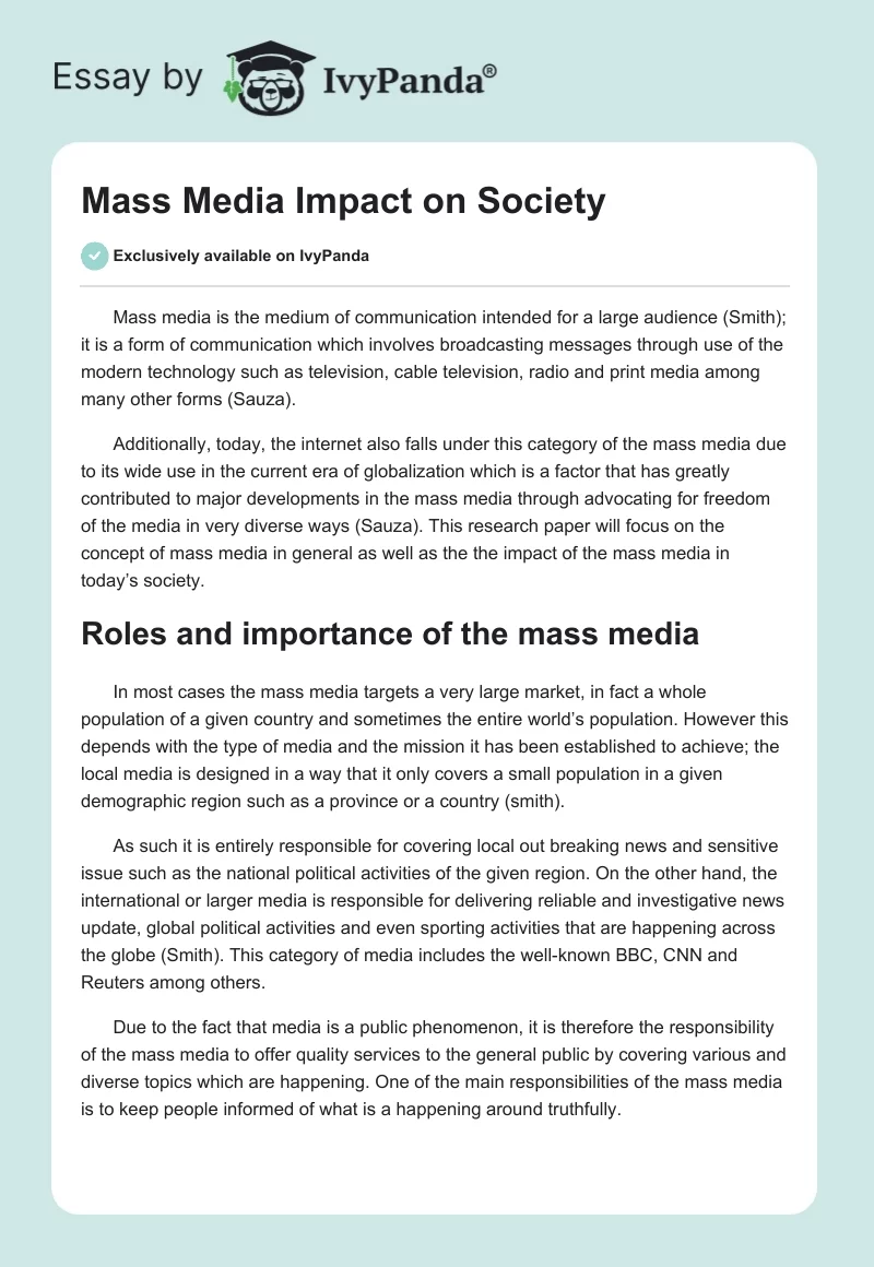 Mass Media Impact on Society. Page 1