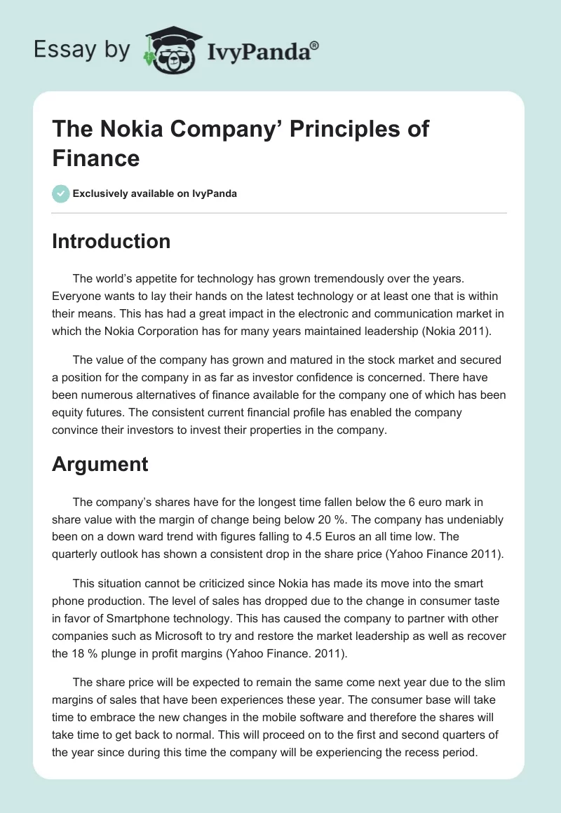 The Nokia Company’ Principles of Finance. Page 1