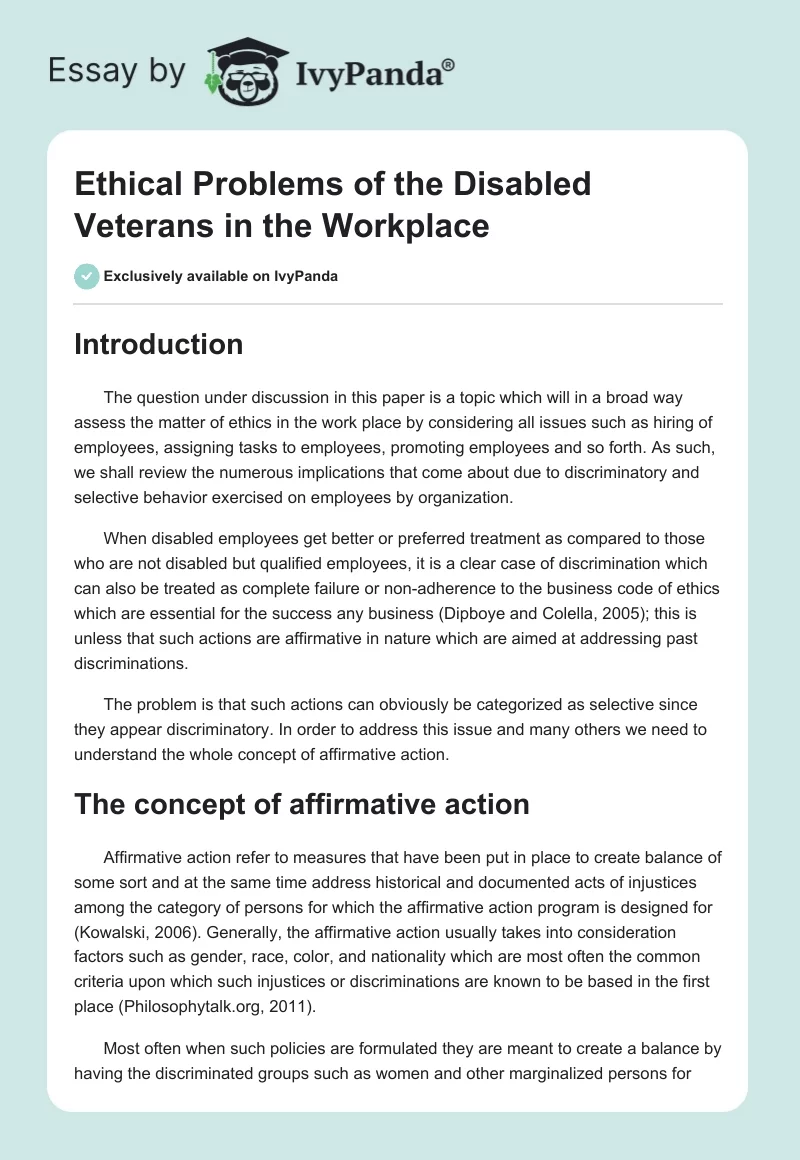 Ethical Problems of the Disabled Veterans in the Workplace. Page 1