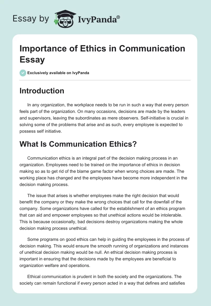 Importance of Ethics in Communication Essay. Page 1