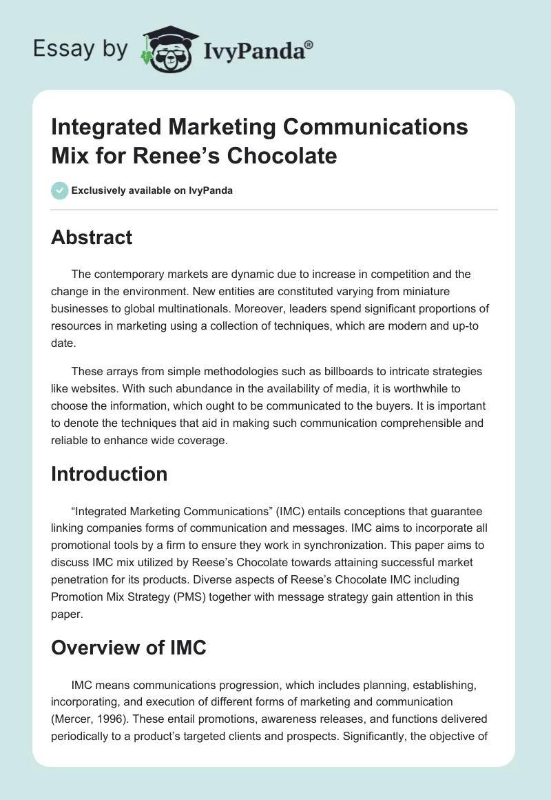 Integrated Marketing Communications Mix for Renee’s Chocolate. Page 1