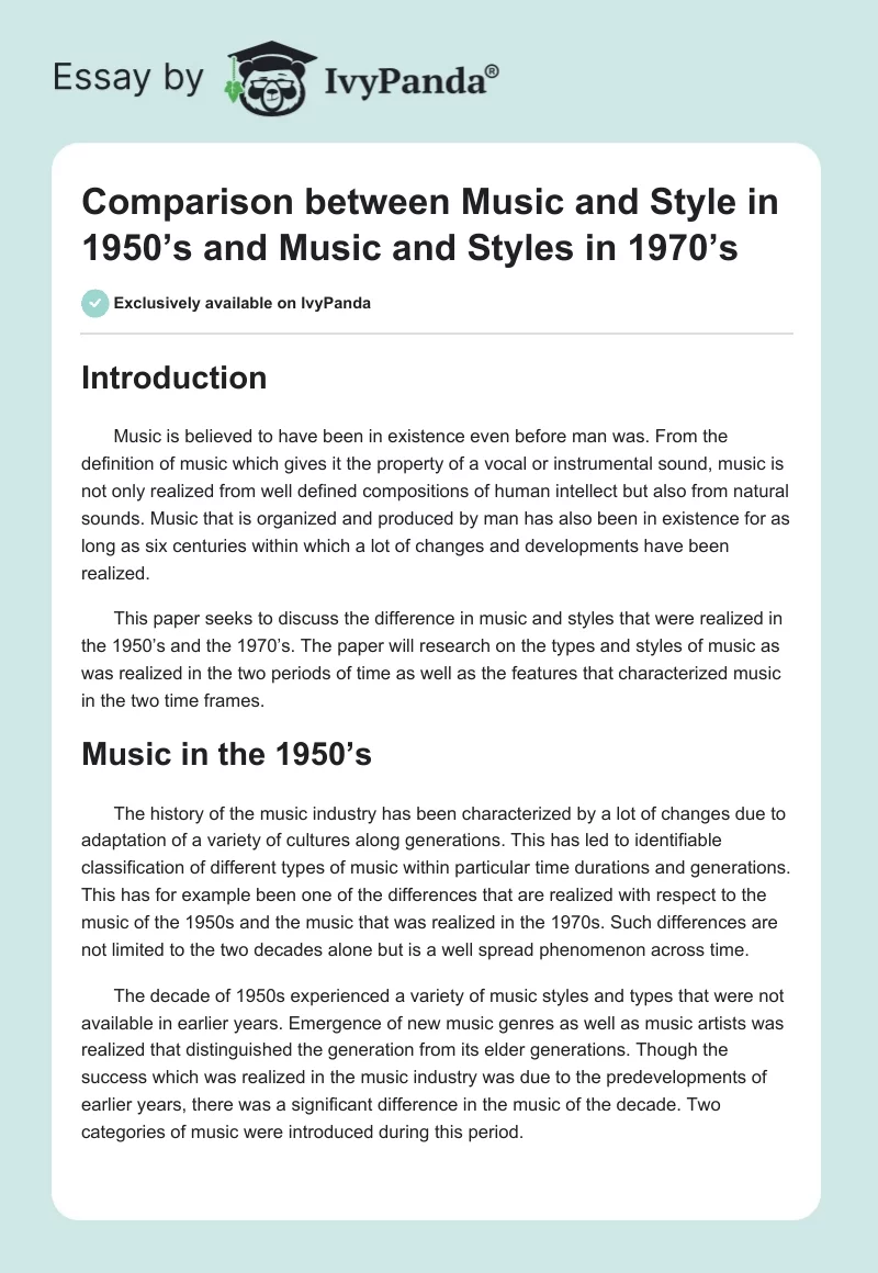 Comparison Between Music and Style in 1950’s and Music and Styles in 1970’s. Page 1