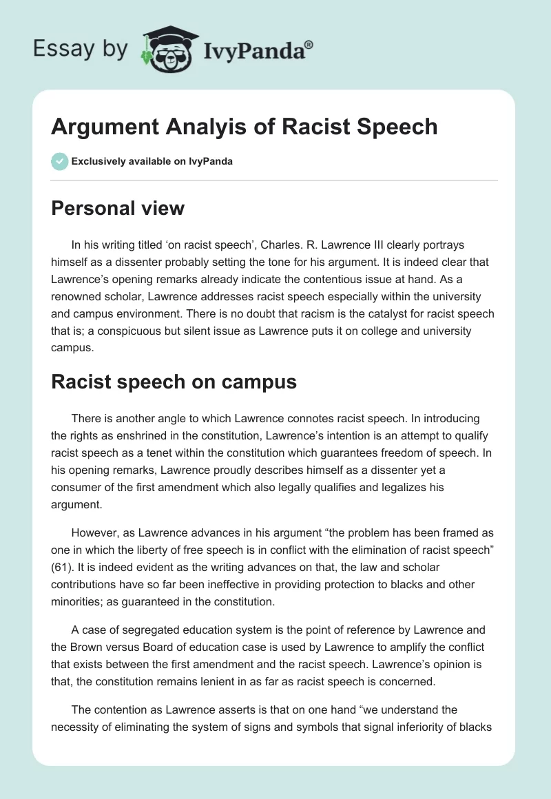 Argument Analyis of Racist Speech. Page 1