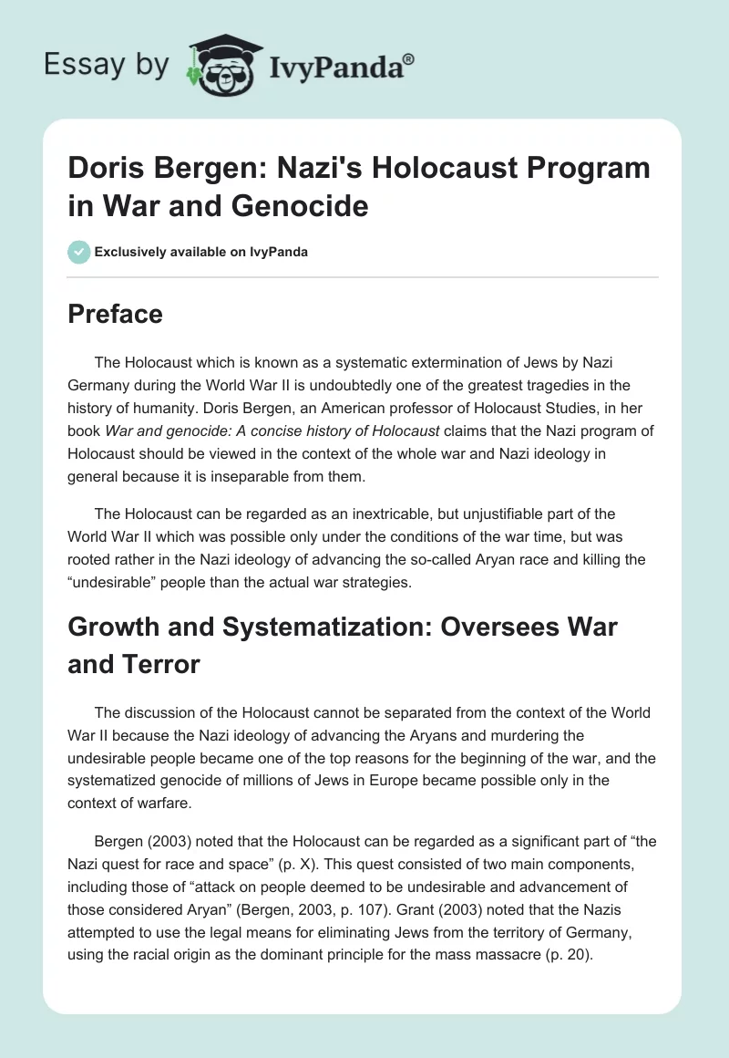 Doris Bergen: Nazi's Holocaust Program in "War and Genocide". Page 1