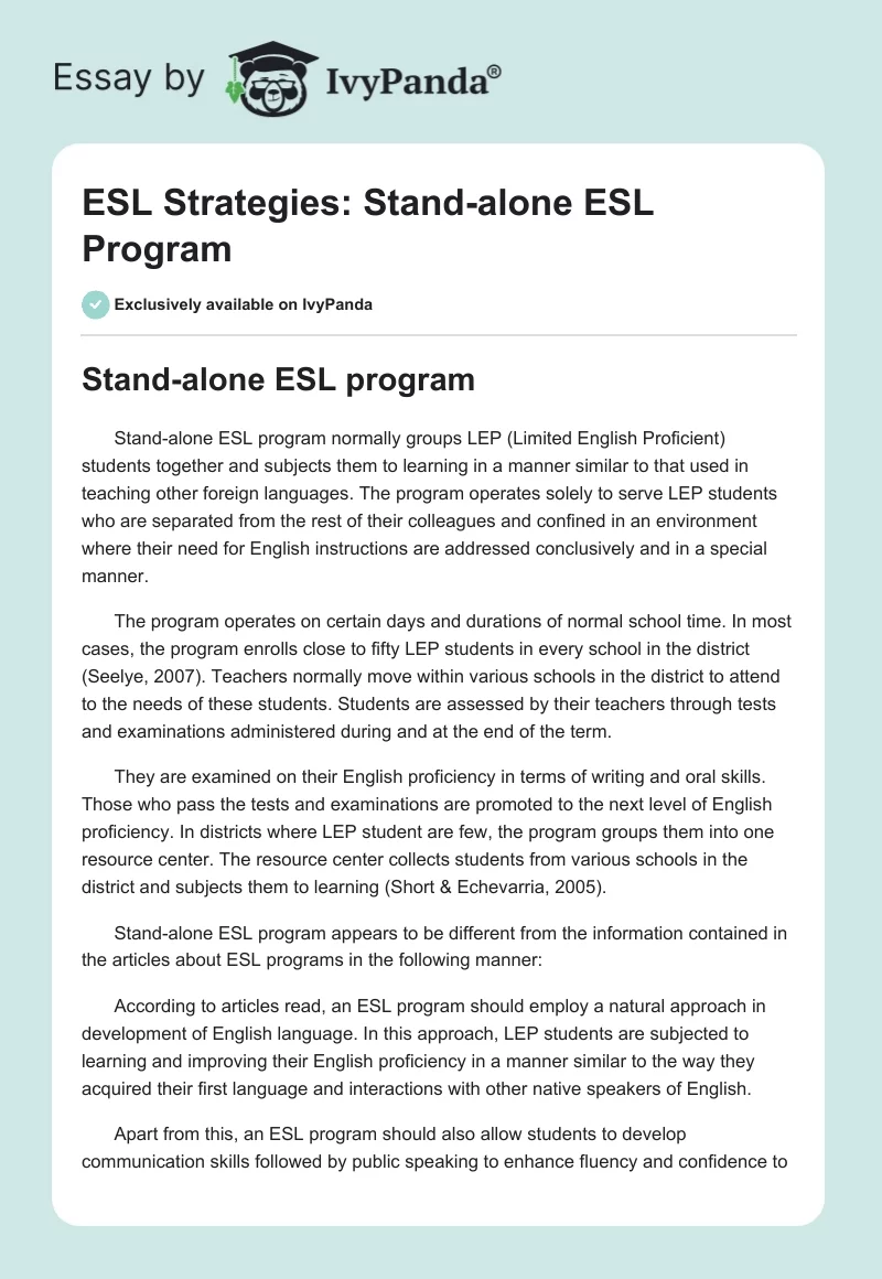 ESL Strategies: Stand-alone ESL Program. Page 1