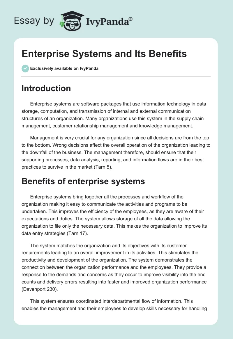 Enterprise Systems and Its Benefits. Page 1