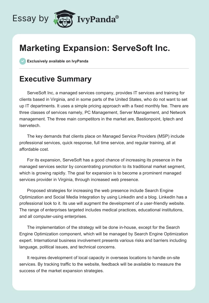 Marketing Expansion: ServeSoft Inc.. Page 1