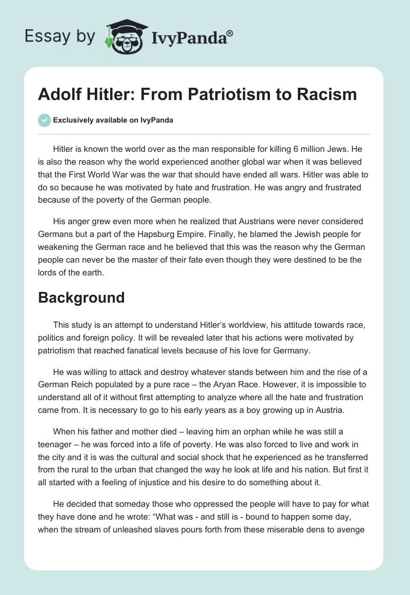 Adolf Hitler: From Patriotism to Racism. Page 1