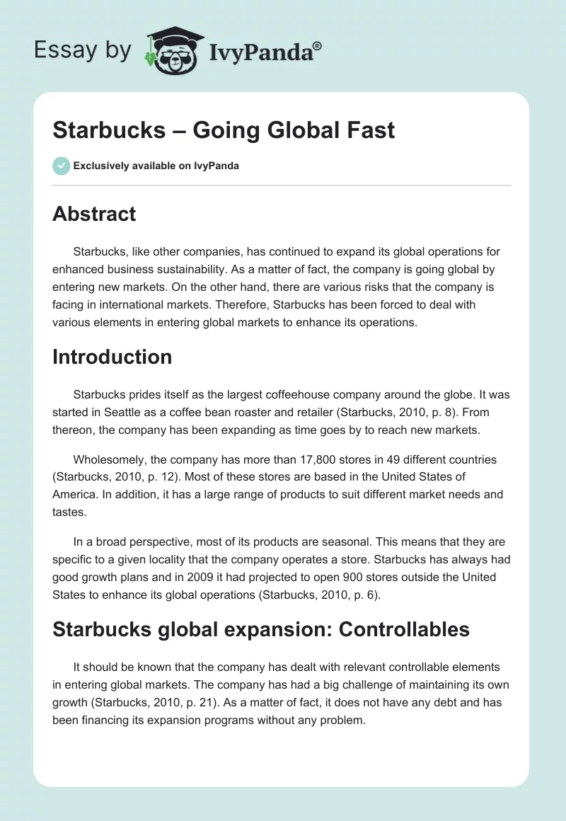 Starbucks – Going Global Fast. Page 1