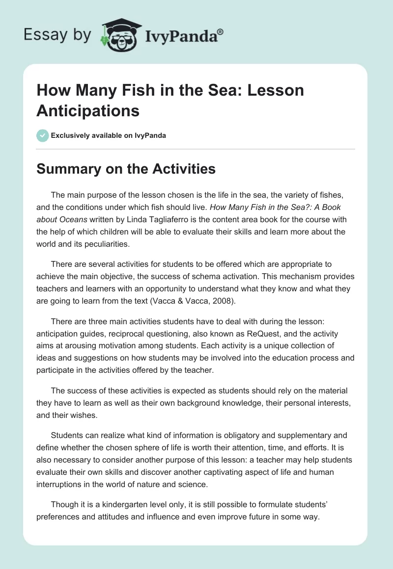 How Many Fish in the Sea: Lesson Anticipations. Page 1