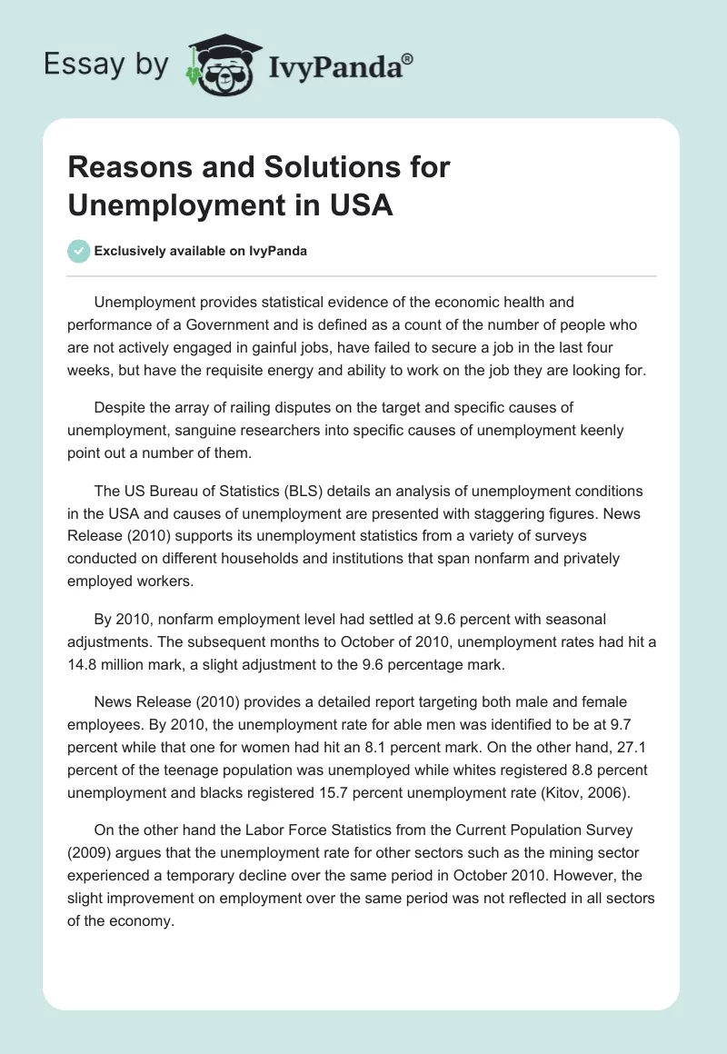 Reasons and Solutions for Unemployment in USA. Page 1