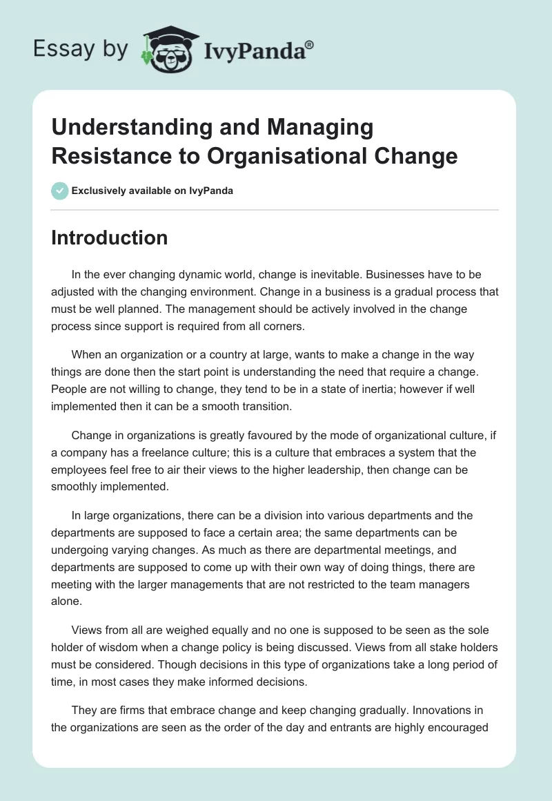 Understanding and Managing Resistance to Organisational Change. Page 1