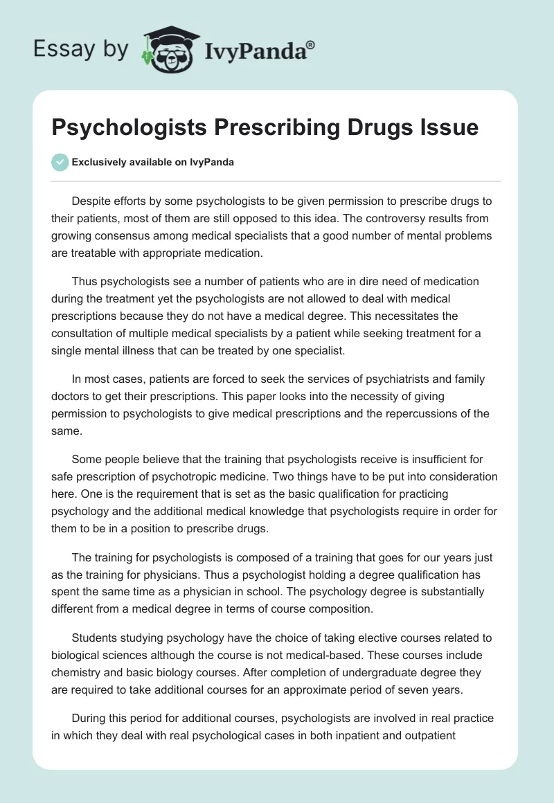 Psychologists Prescribing Drugs Issue. Page 1