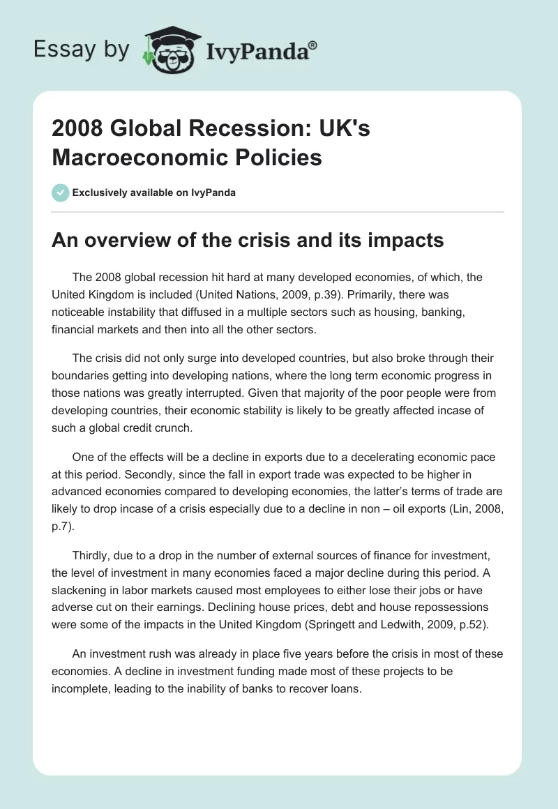 2008 Global Recession: UK's Macroeconomic Policies. Page 1