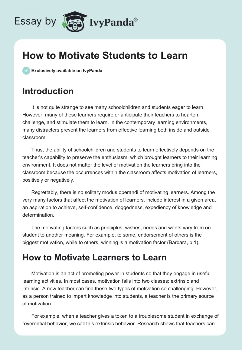 How to Motivate Students to Learn Essay. Page 1