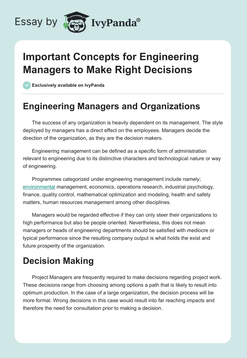 Important Concepts for Engineering Managers to Make Right Decisions. Page 1