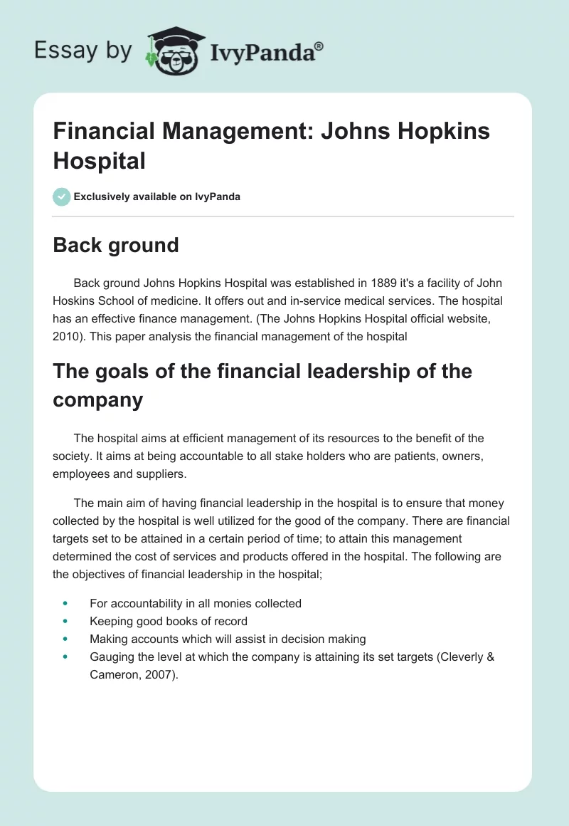Financial Management: Johns Hopkins Hospital. Page 1