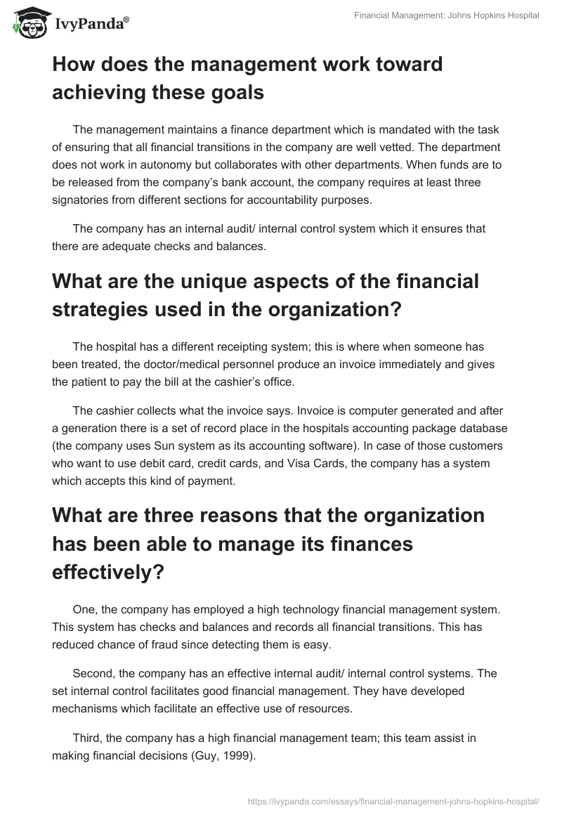 Financial Management: Johns Hopkins Hospital. Page 2