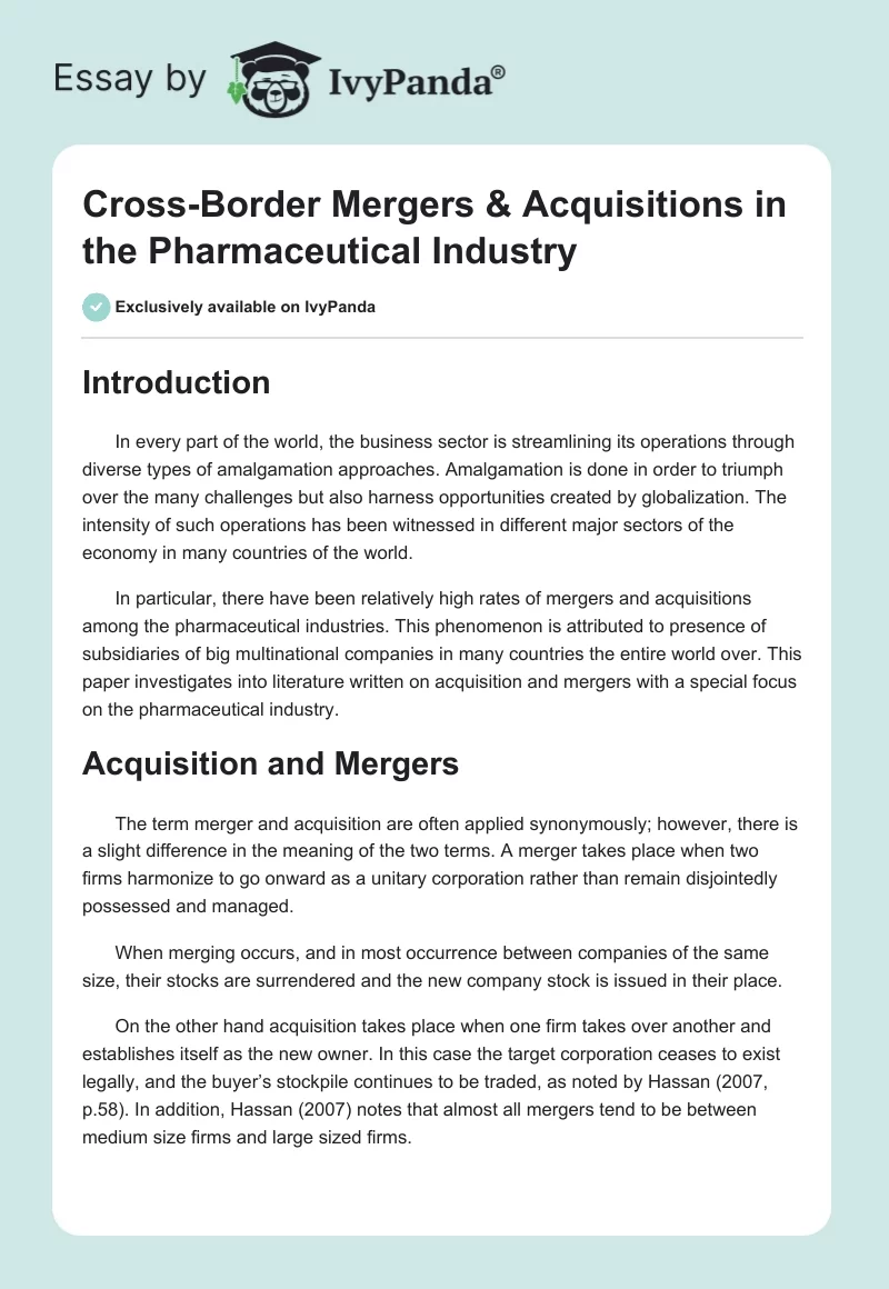 Cross-Border Mergers & Acquisitions in the Pharmaceutical Industry. Page 1