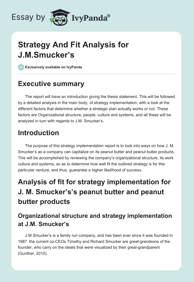 Strategy And Fit Analysis for J.M.Smucker’s. Page 1