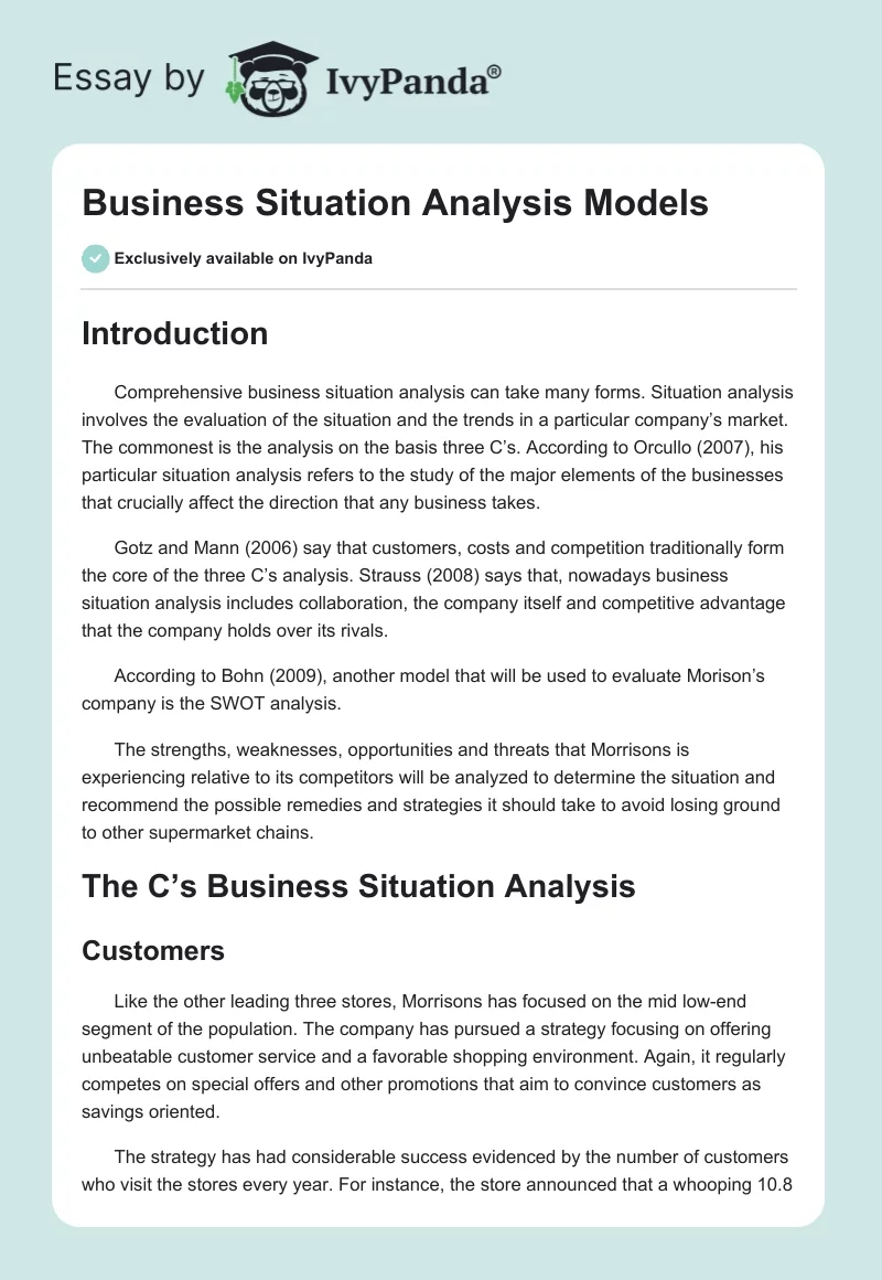 Business Situation Analysis Models. Page 1