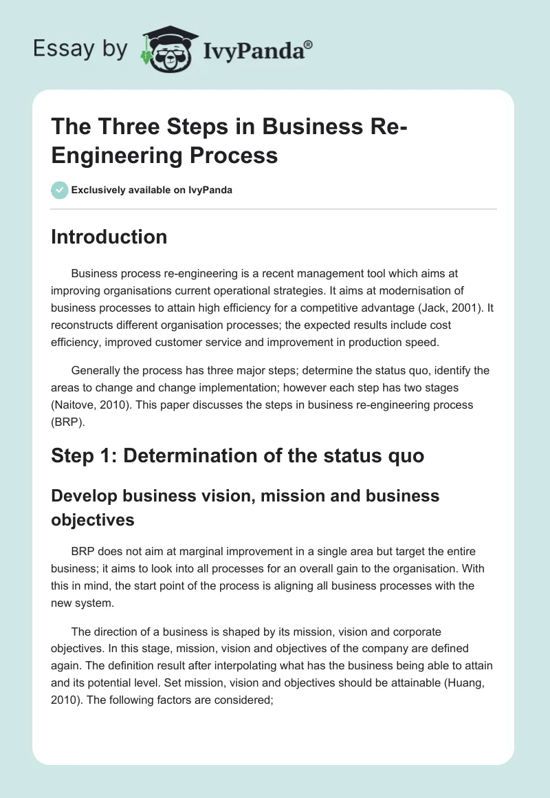 The Three Steps in Business Re-Engineering Process. Page 1