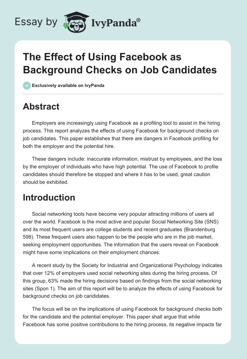 The Effect of Using Facebook as Background Checks on Job Candidates. Page 1