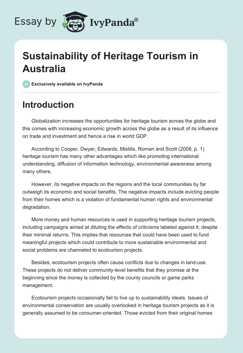 Sustainability of Heritage Tourism in Australia. Page 1