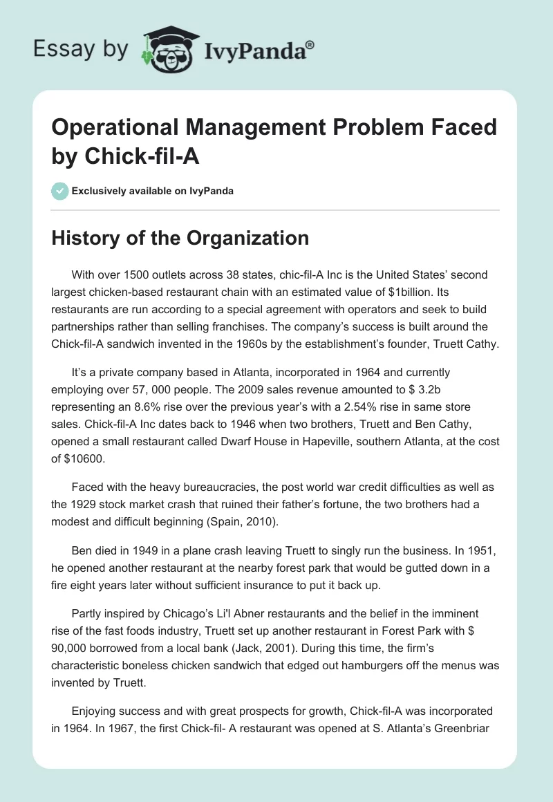Operational Management Problem Faced by Chick-fil-A. Page 1
