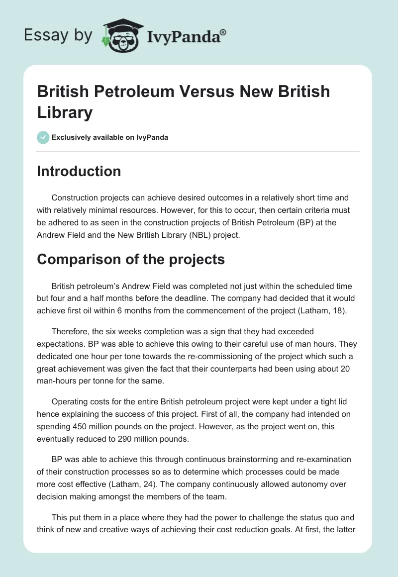British Petroleum Versus New British Library. Page 1